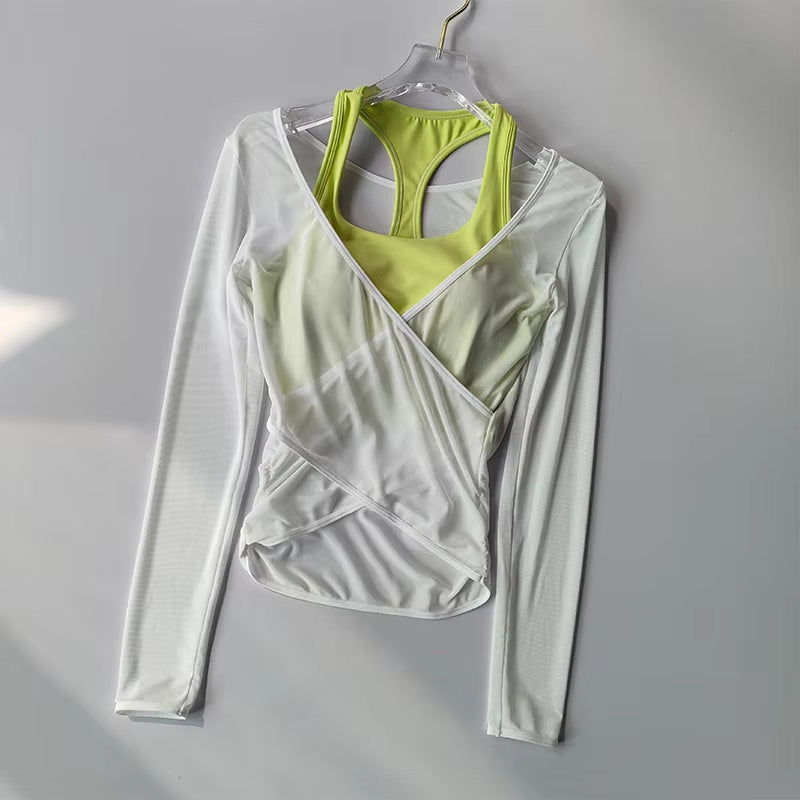 Sexy Mesh Slimming Yoga Suit for Women Gathering Together Sports Bra Fake Two Pieces of Quick Drying Training Pilates Cover Up