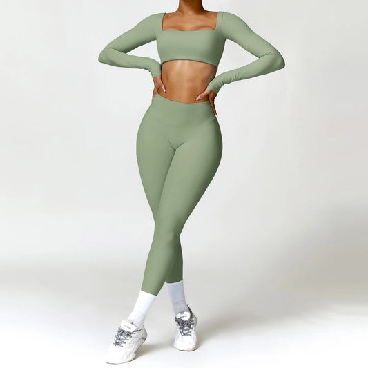 Women Tracksuit Yoga Set 2PCS Sportswear Workout Clothes Athletic Wear Gym Legging Fitness Bra Crop Top Long Sleeve Sports Suits