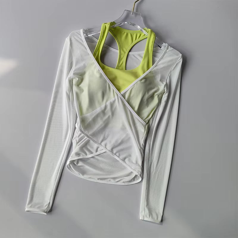 Sexy Mesh Slimming Yoga Suit for Women Gathering Together Sports Bra Fake Two Pieces of Quick Drying Training Pilates Cover Up